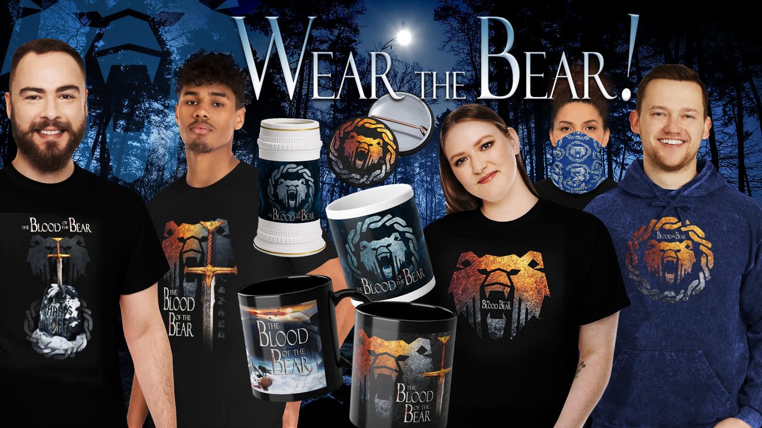 Image of clothing, mugs, and badges featuring The Blood of the Bear designs